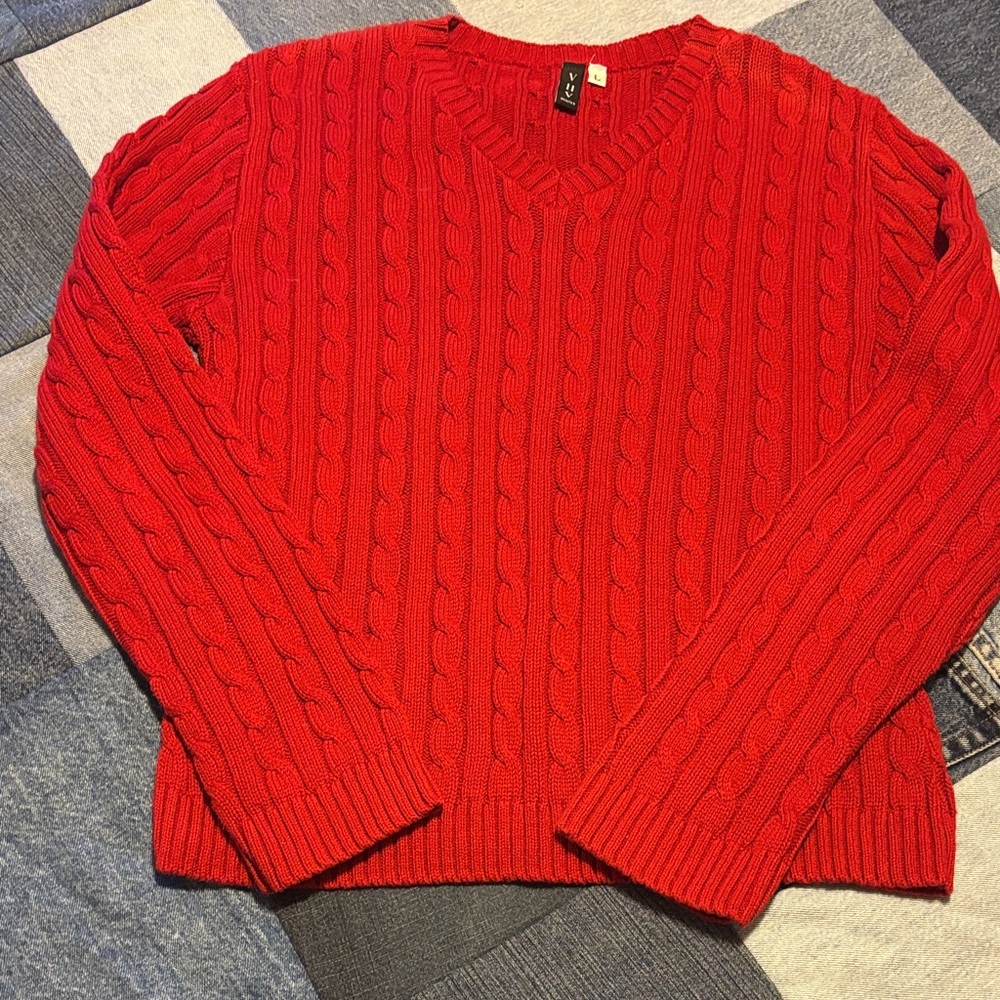 525 America Cherry Red Cotton Cable-knit B-Neck Sweater Sz L